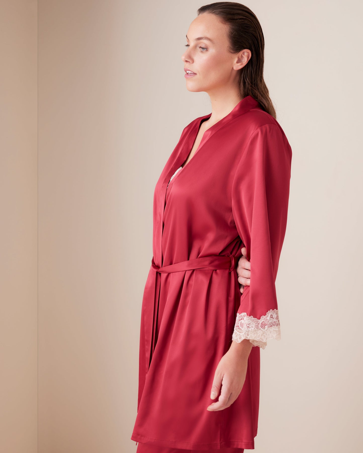 Ornate Lace Trim Satin Short Kimono