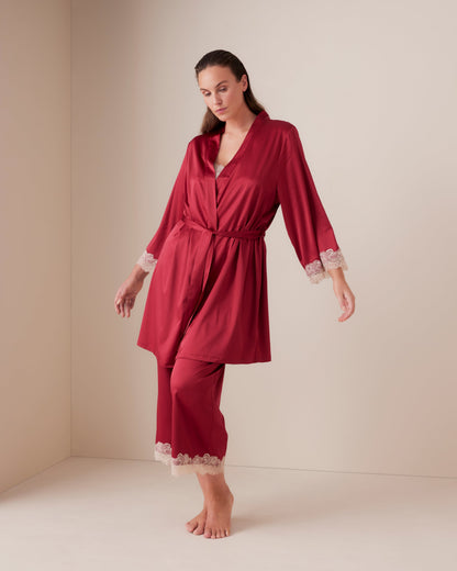 Ornate Lace Trim Satin Short Kimono