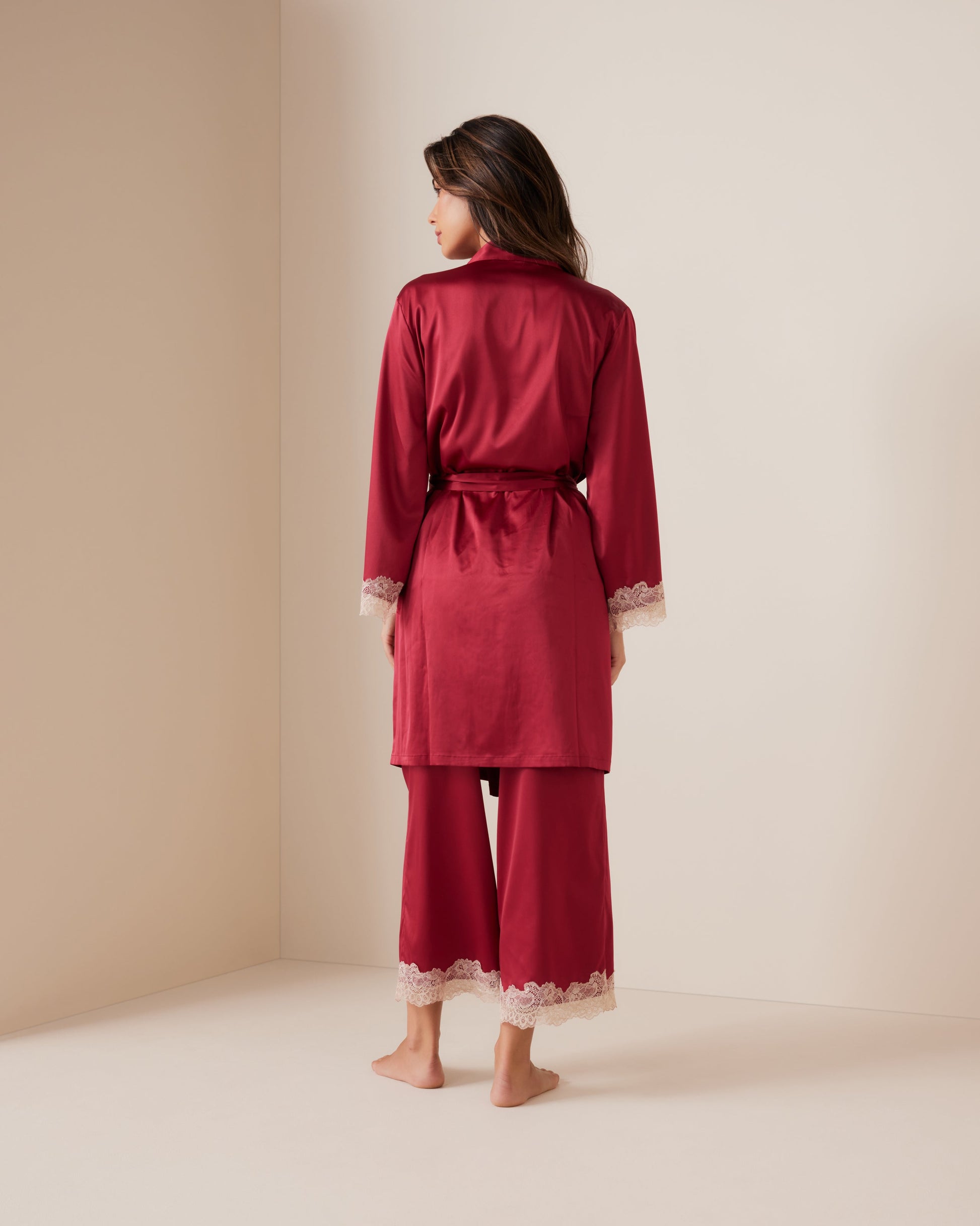 Ornate Lace Trim Satin Short Kimono