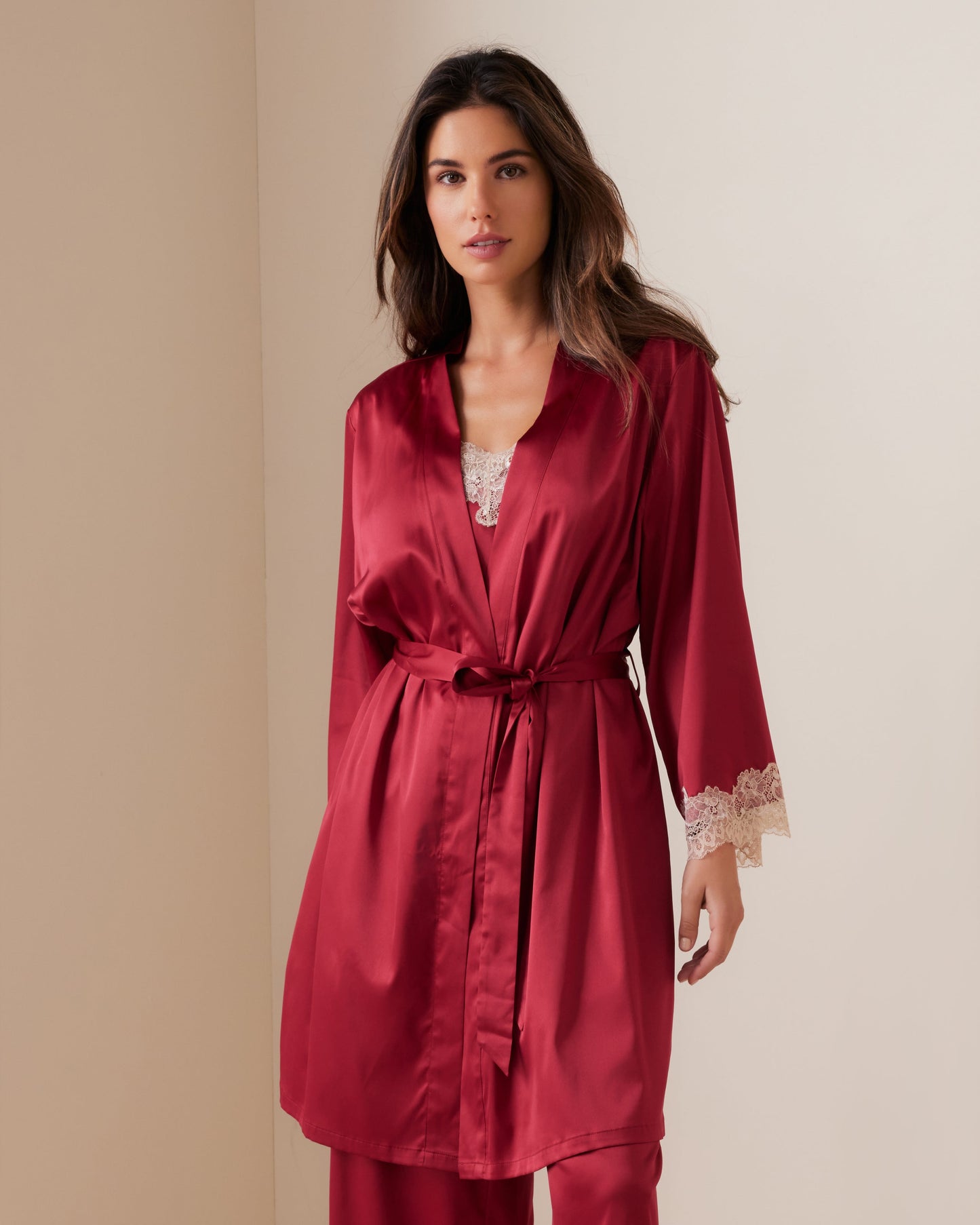 Ornate Lace Trim Satin Short Kimono