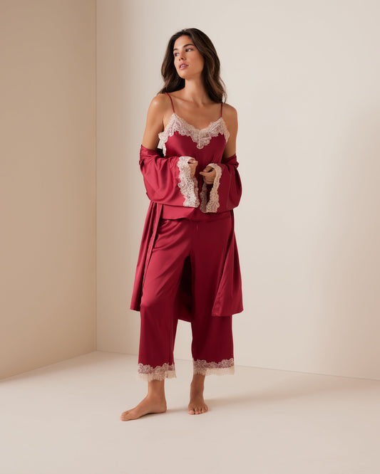 Ornate Lace Trim Satin Short Kimono