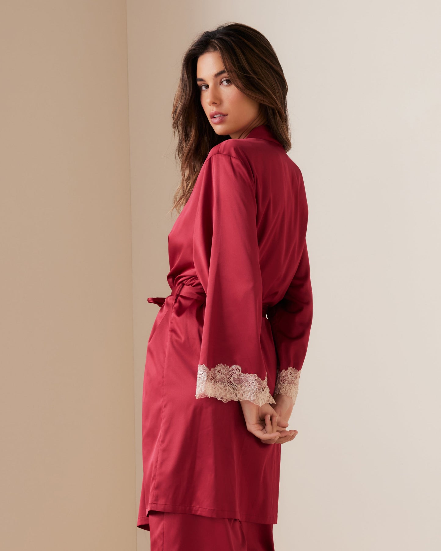 Ornate Lace Trim Satin Short Kimono