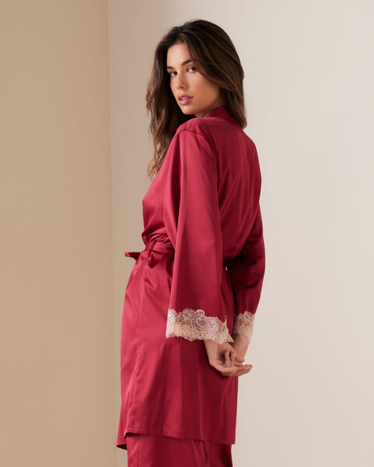 Ornate Lace Trim Satin Short Kimono