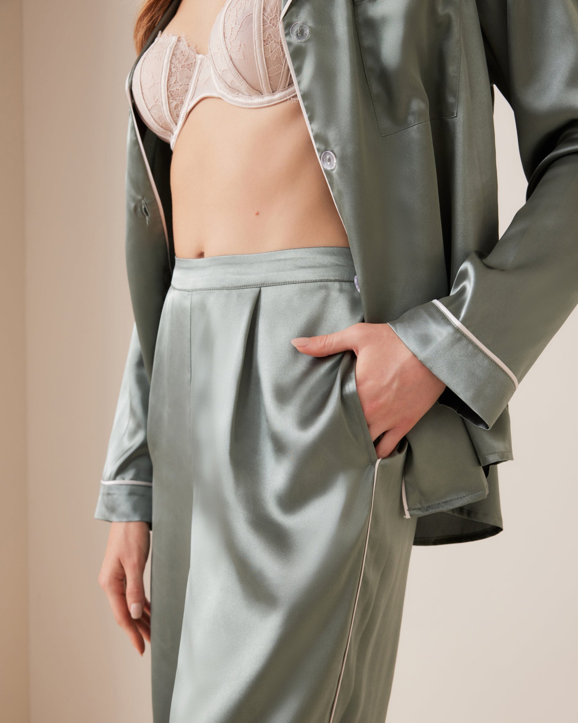 Sage Satin Tailored Piped PJ Pant