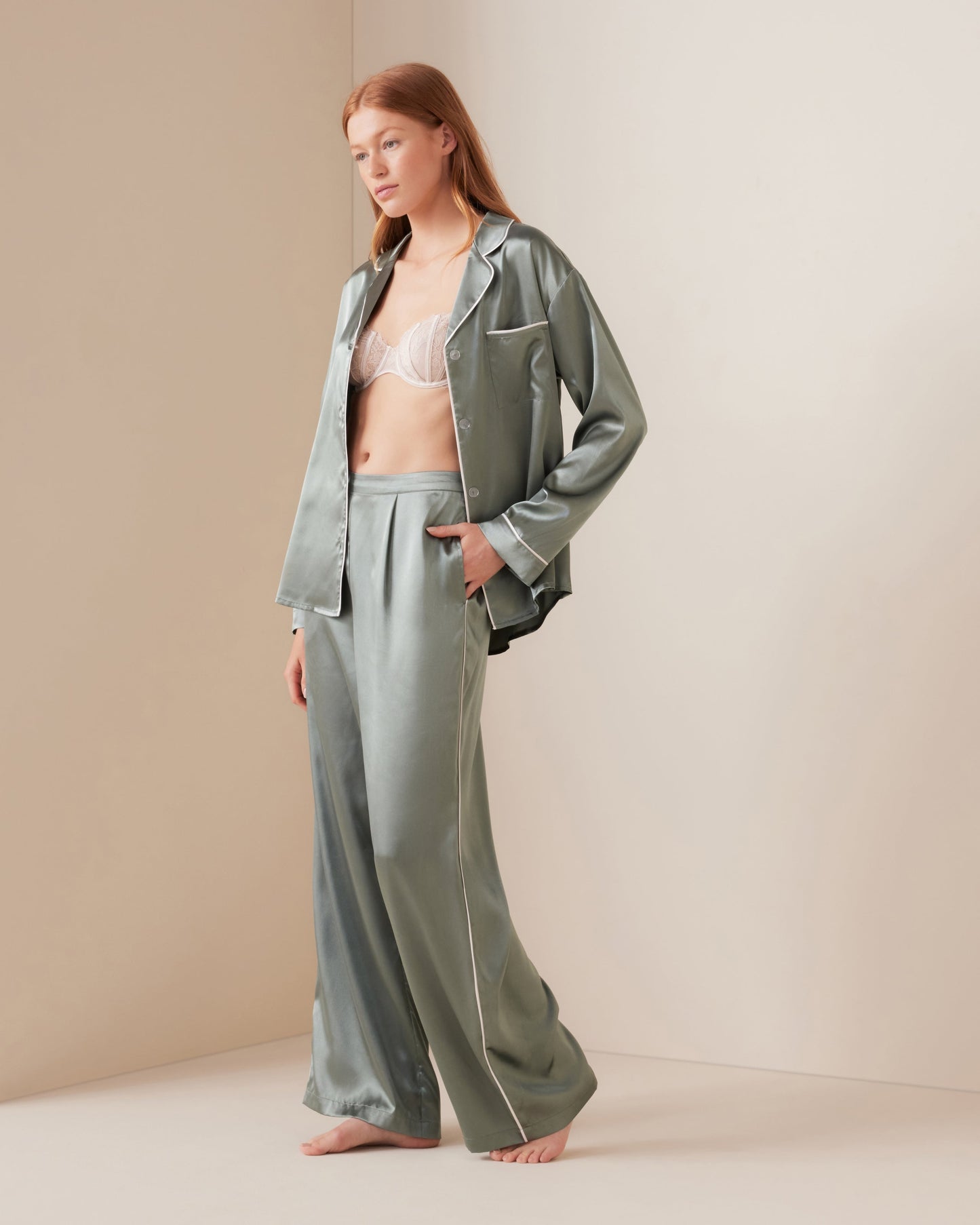 Sage Satin Tailored Piped PJ Pant