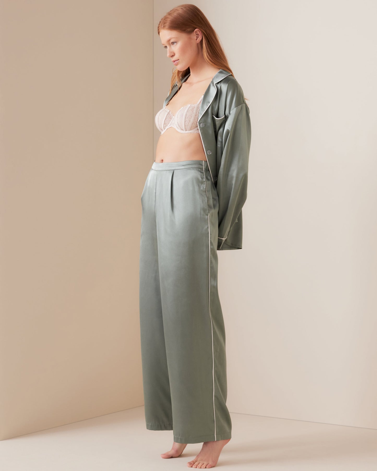 Sage Satin Tailored Piped PJ Pant