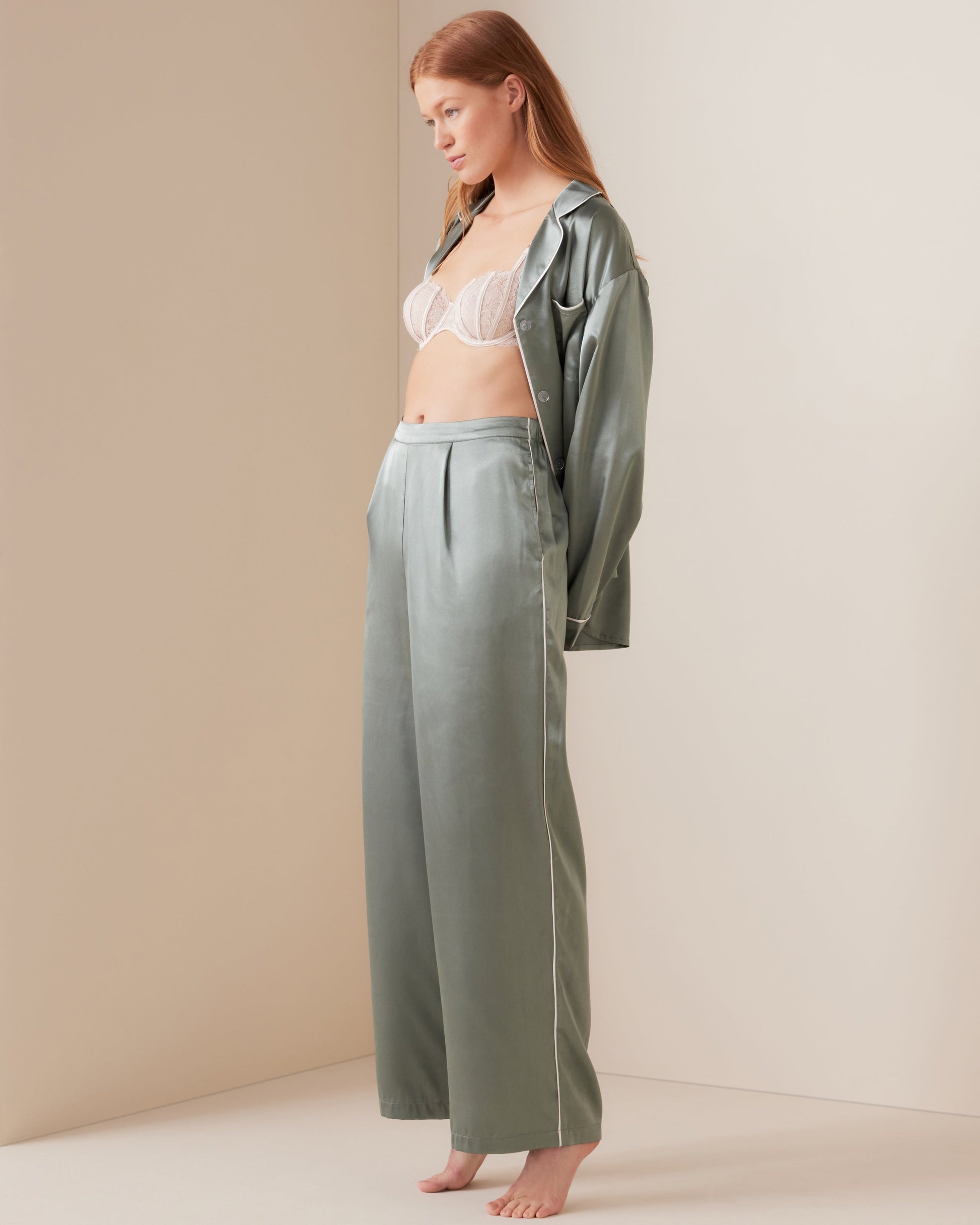 Sage Satin Tailored Piped PJ Pant