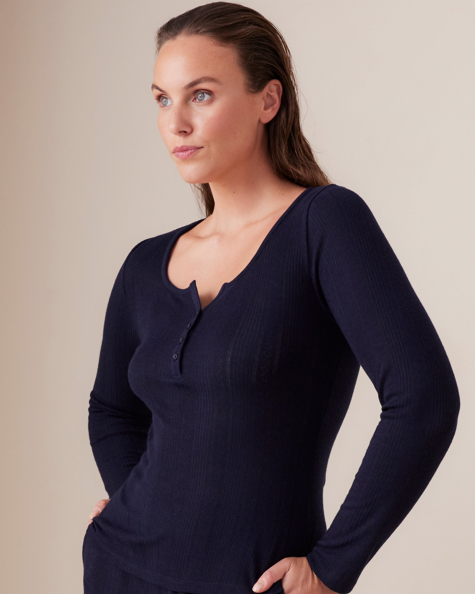 Pointelle Henley Long Sleeve Top