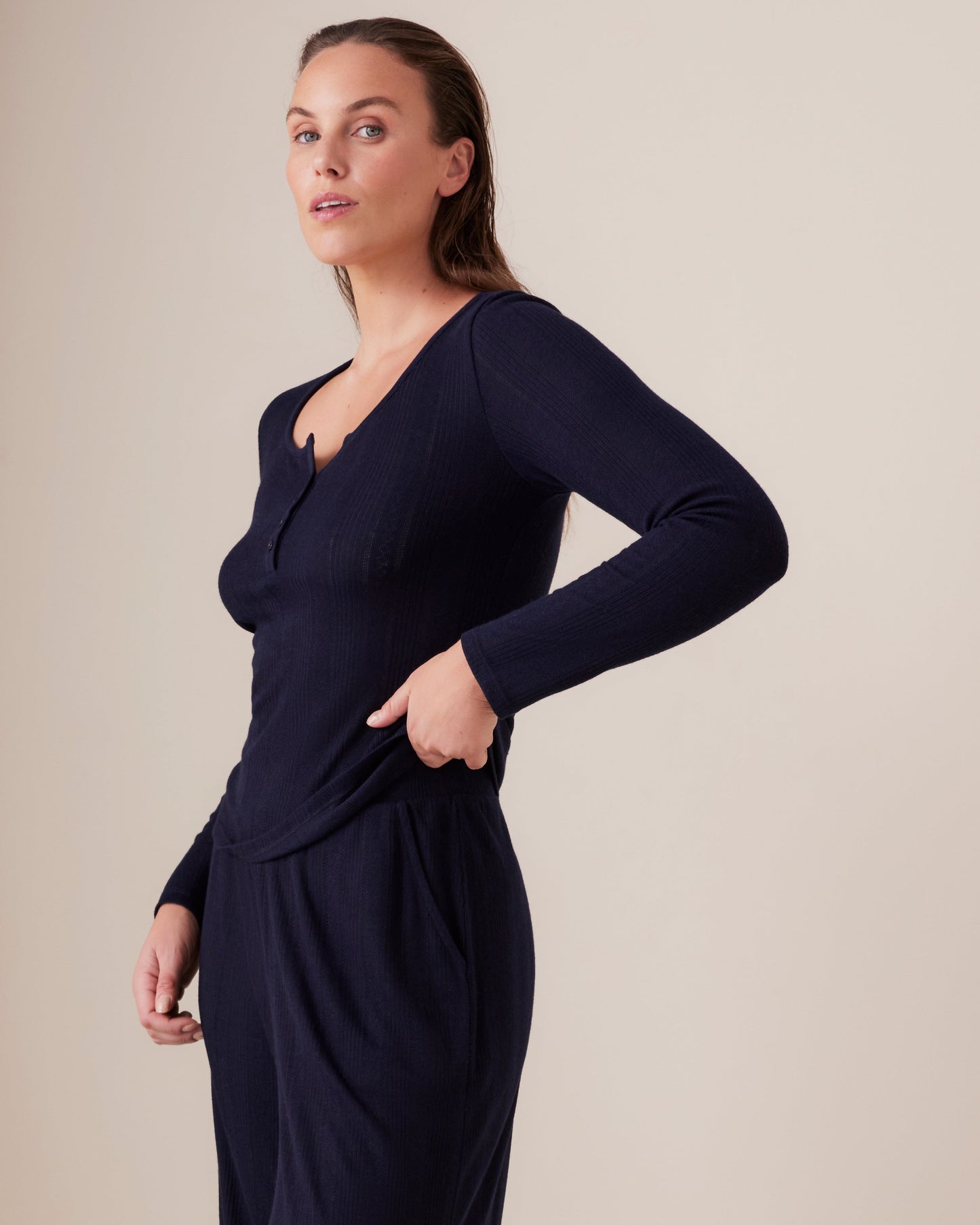 Pointelle Henley Long Sleeve Top