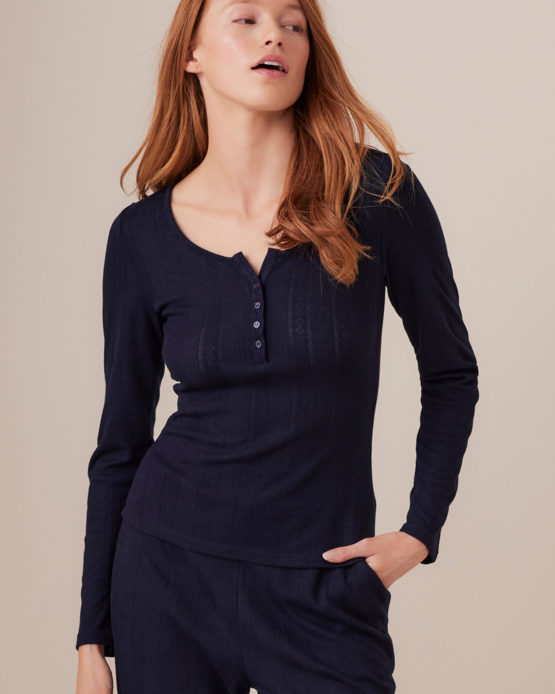 Pointelle Henley Long Sleeve Top