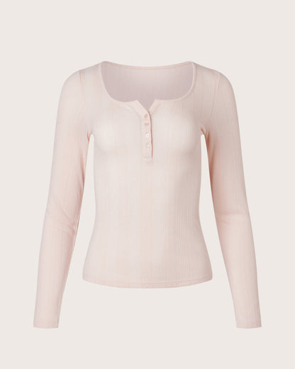 Pointelle Henley Long Sleeve Top